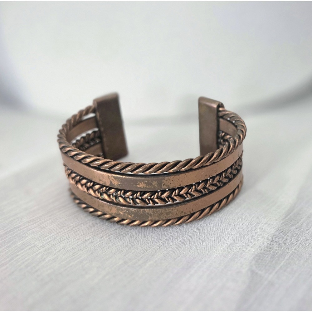 Vintage Wide Band Cuff Bracelet Braided Twisted Copper Artisan Metal‎ Handmade